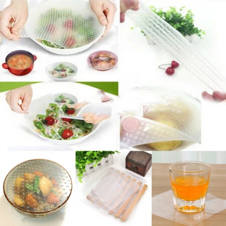 

New 4Pcs Multifunctional Food Fresh Keeping Saran Wrap Kitchen Tools Reusable Silicone Food Wraps Seal Cover Stretch