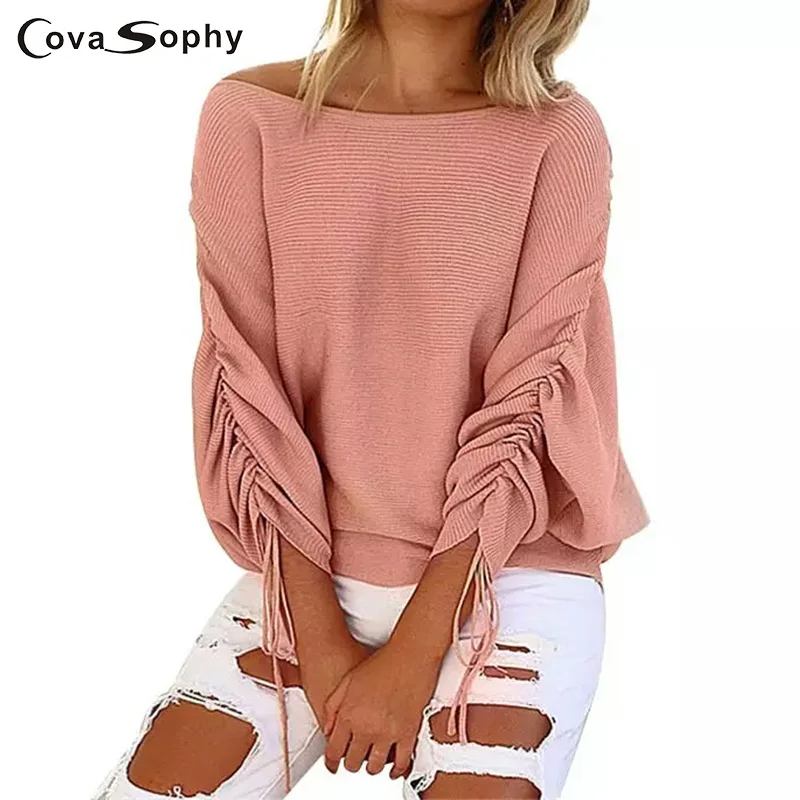 Cova Sophy/вязаные Осенние блузки с косой воротником модный топ длинными рукавами и