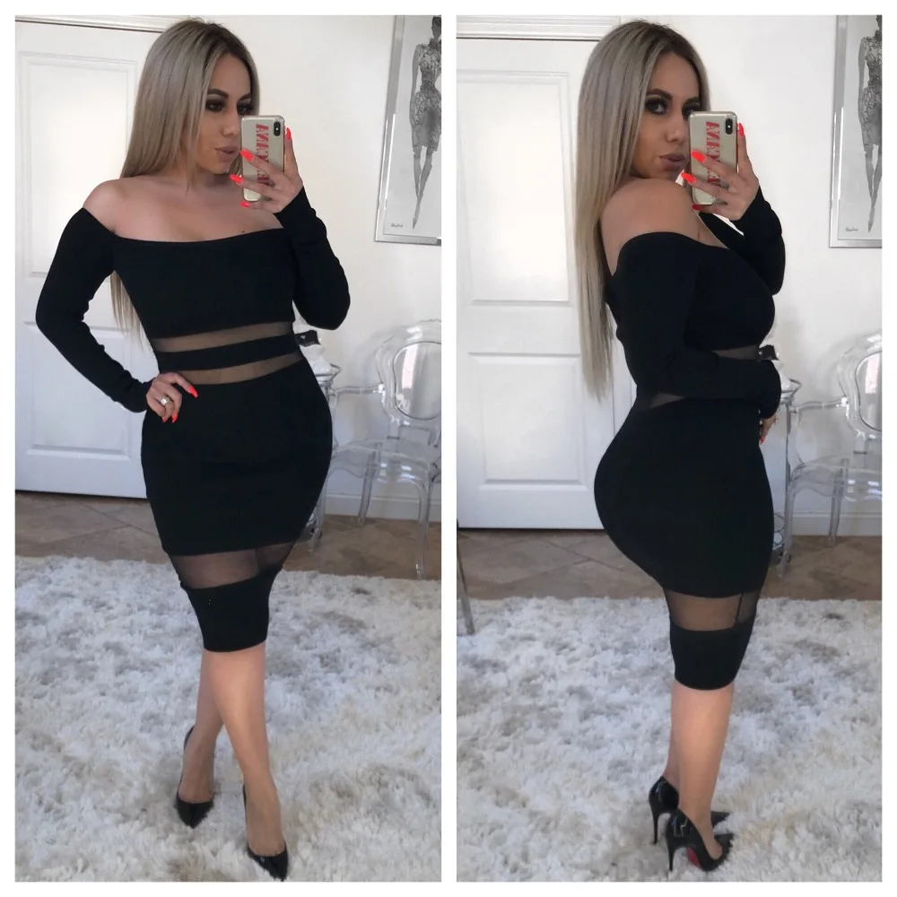 Slash Neck Off The Shoulder See-Though Dress Empire Hot Sale Fashion sexy Women Pub Celebrity Body Con Party Dresses Wholesale | Женская