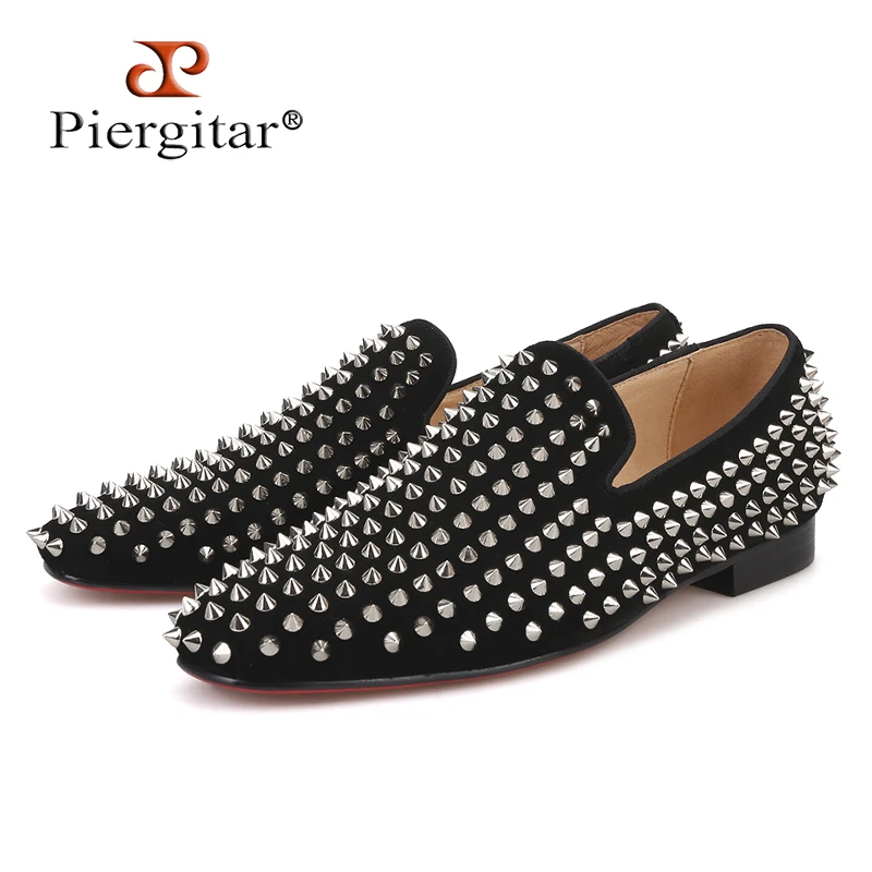 

Piergitar 2018 Handmade men black suede leather shoes with silver rivet Fashion CL same style men loafers red bottom men's flats