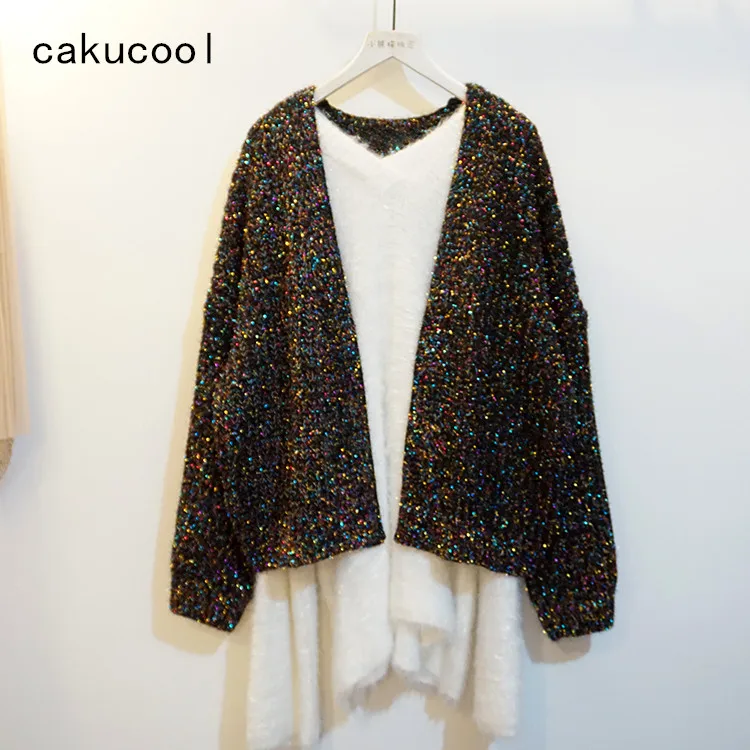 

Cakucool Women Bling Gold Lurex Cardigans Long Sleeve Embellish Knit Coat Outerwear Loose Korea v-neck Sweater Open Stitch Lady