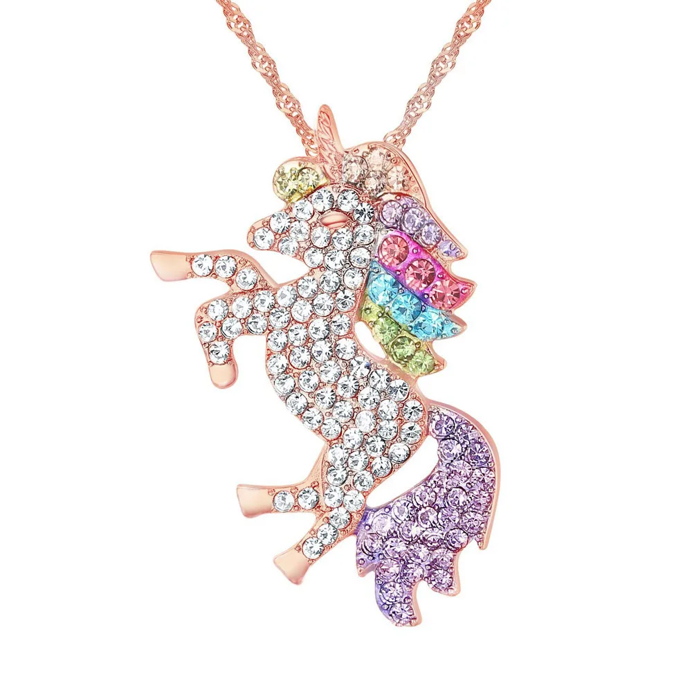KC Gold And Colorful LF модные подарки Высокое качество животных Единорог горный хрусталь цепочки и ожерелья обувь для девочек радужные ожерелья подвески для женщи - Окраска металла: KC Gold And Colorful