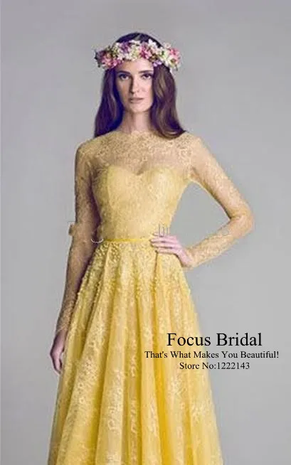 Free Shipping 2014 New Illusion Neckline Backless Yellow Lace A-Line Long sleeve Bridesmaid Dresses | Свадьбы и торжества