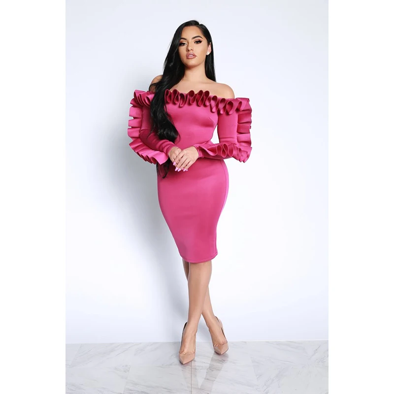 Для женщин Chic оборками с плеча Bodycon платье сексуальная Slash шеи Обёрточная бумага