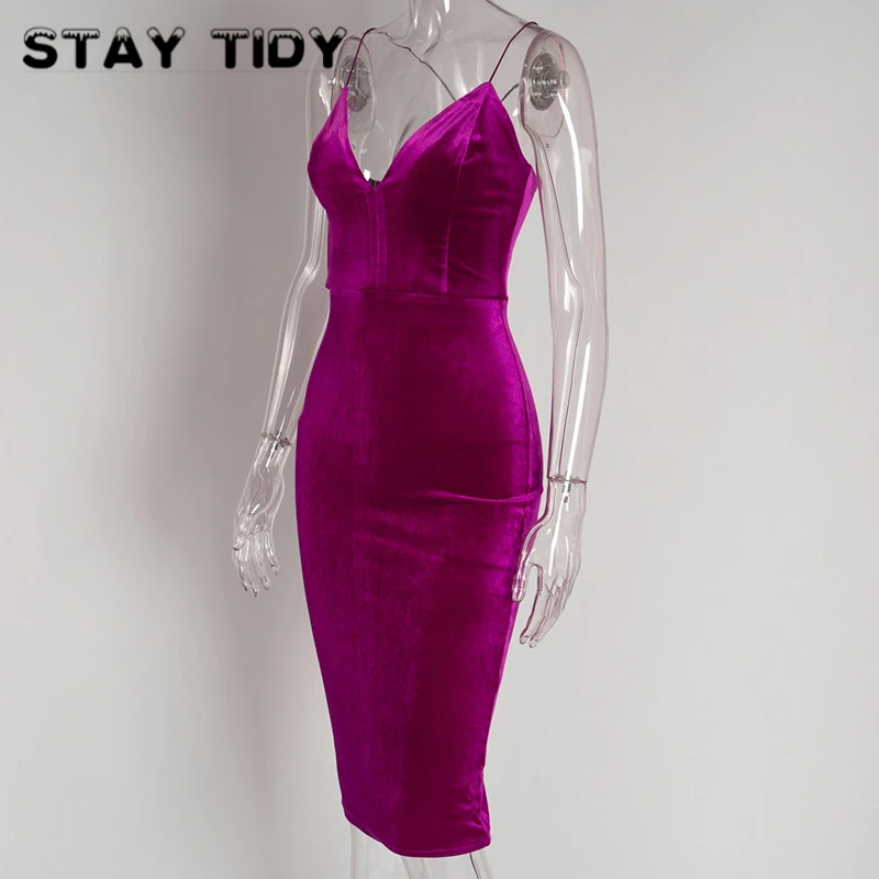STAY TIDY Solid Velvet Spaghetti Strap Bodycon Women Dress V-Neck Backless Lace Up Cross Zipper Party Club New 2019 Summer | Женская