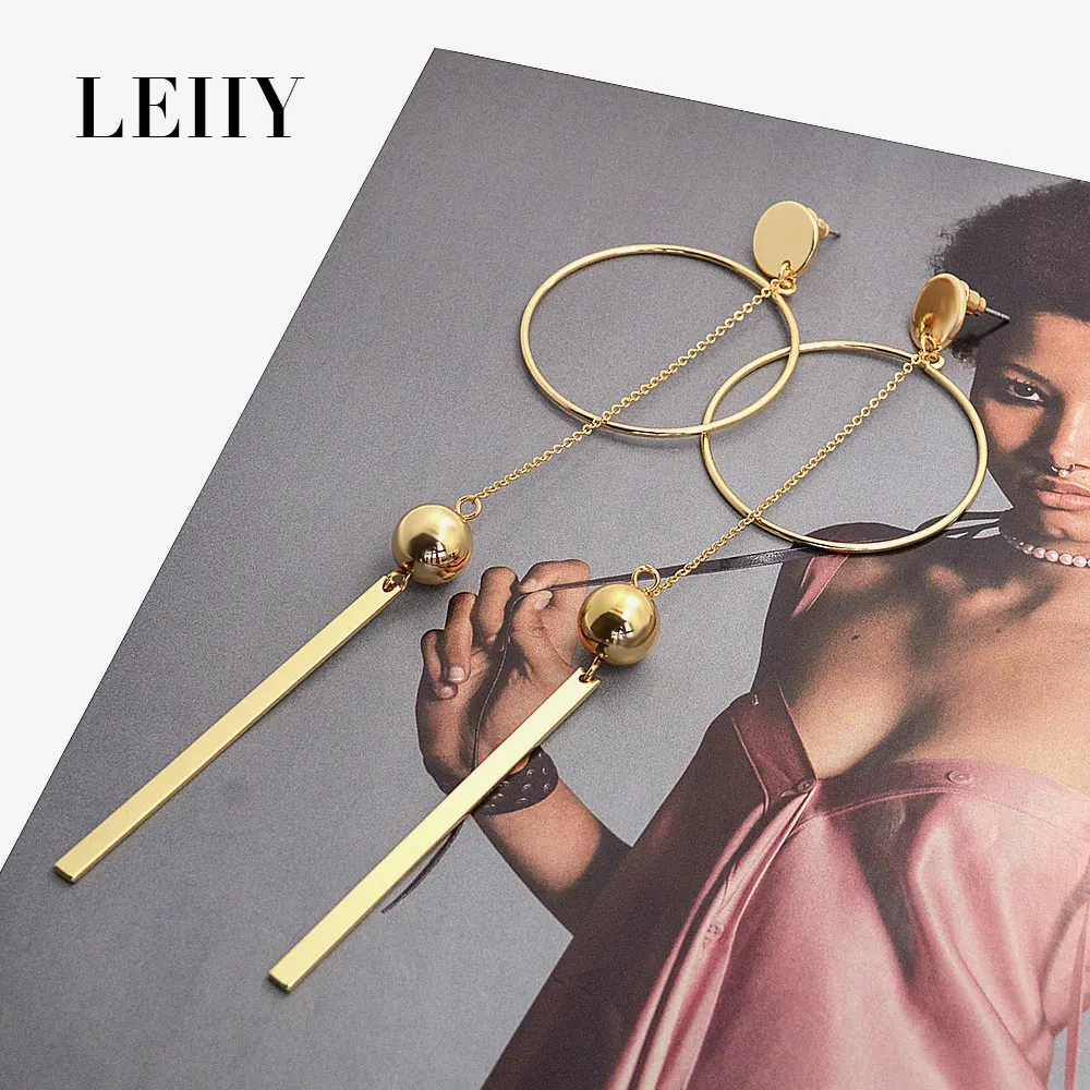 Leiiy стильный дизайн золотой цвет полые круглые длинные цепи висячие серьги с