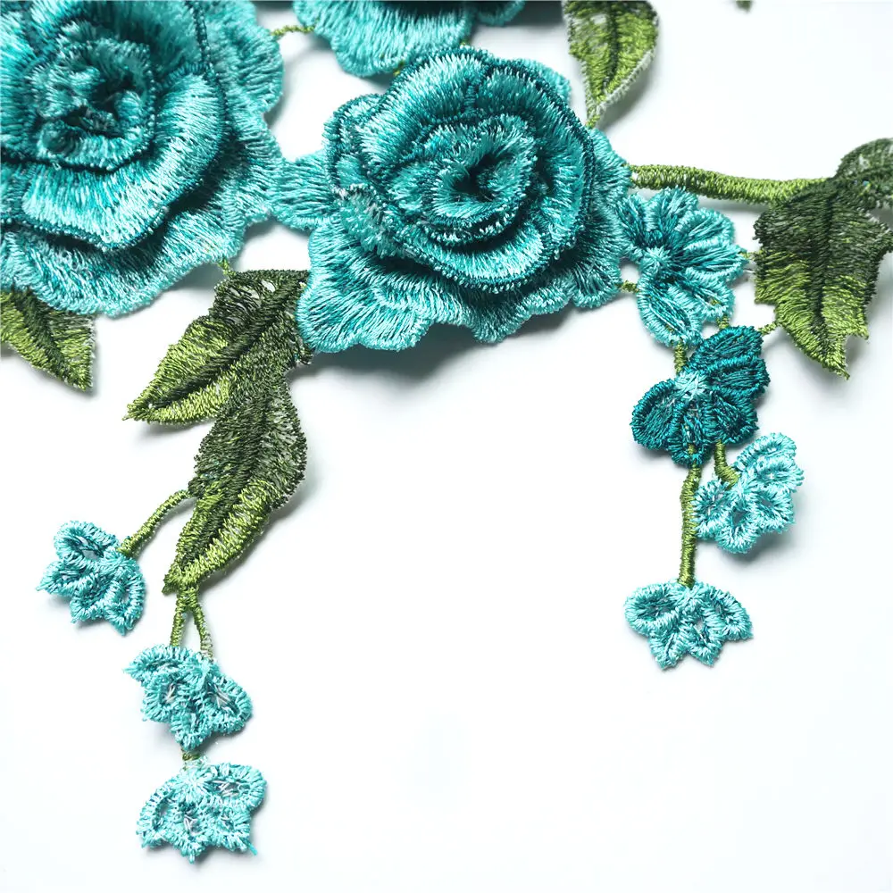 Ткань бирюзового цвета 3D цветы вышитая Свадебная аппликация кружевные нашивки