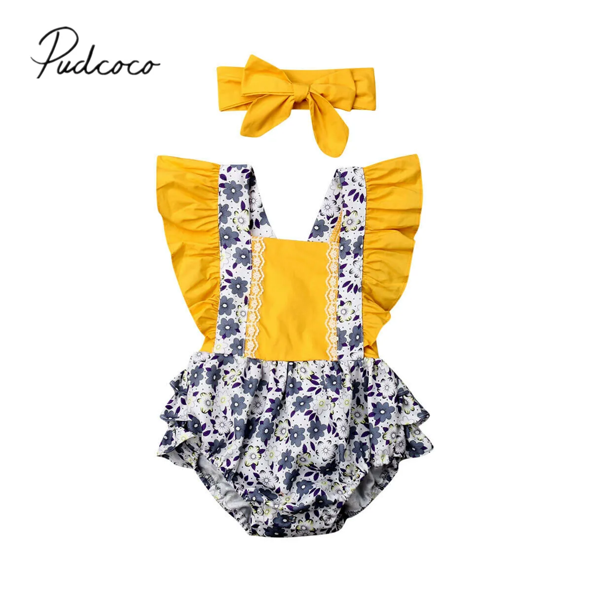2019 Baby Summer Clothing Newborn Girl Floral Bodysuit Patchwork Jumpsuit+Headband Ruffles Short Sleeve Yellow Outfit Set |