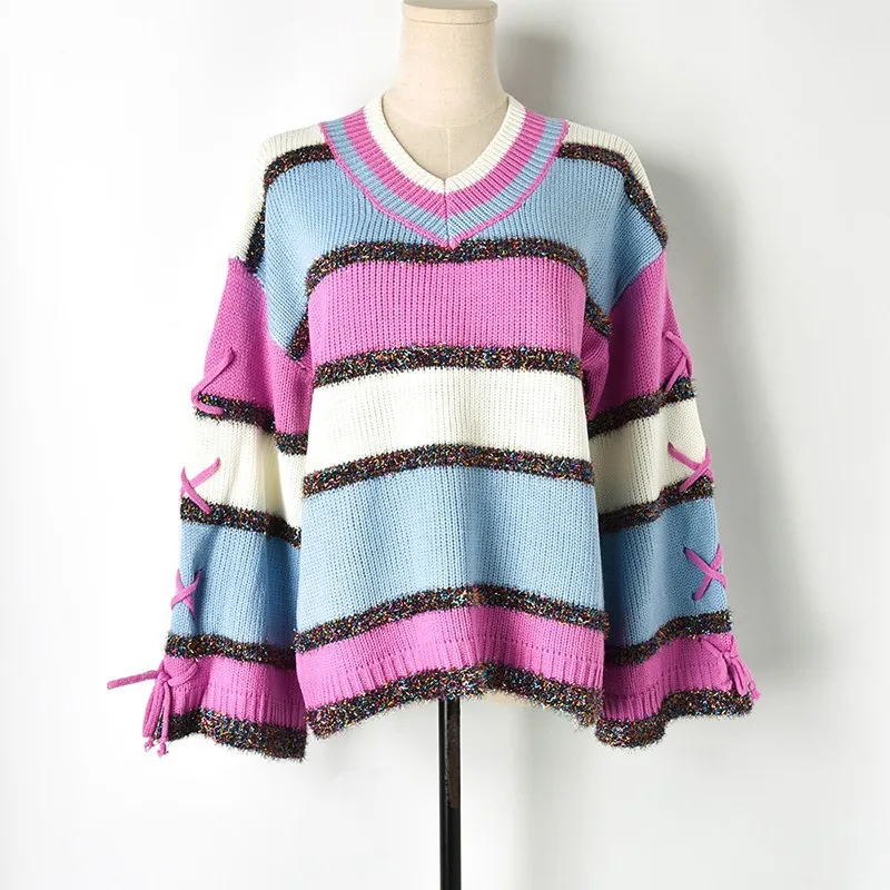 Colors Striped Oversized Sweaters 2018 Winter Glitter Lazy Long Sleeve Lace Up V Neck Pullover Loose Women's Sweater Trui Dames | Женская