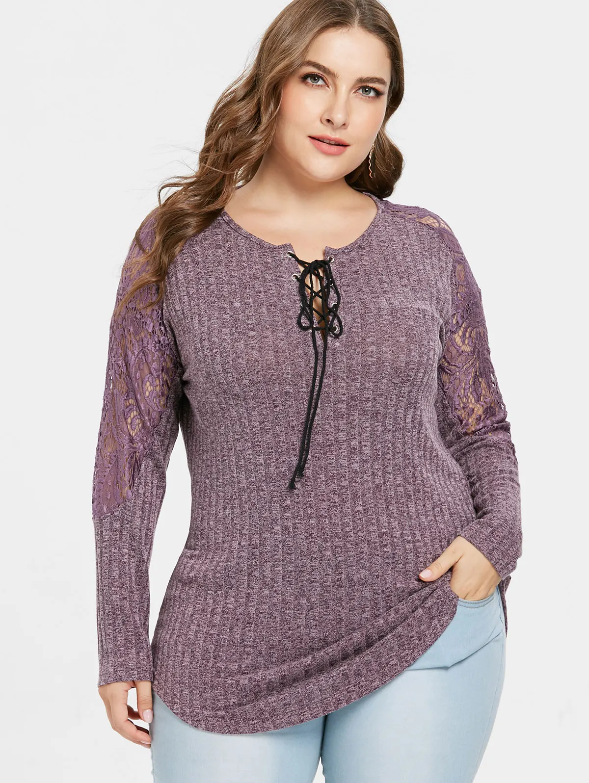 Wipalo Women Autumn Plus Size 5XL Lace Insert Marled Knitwear Casual Up Front O Neck Long Sleeve Pullover Sweater | Женская одежда