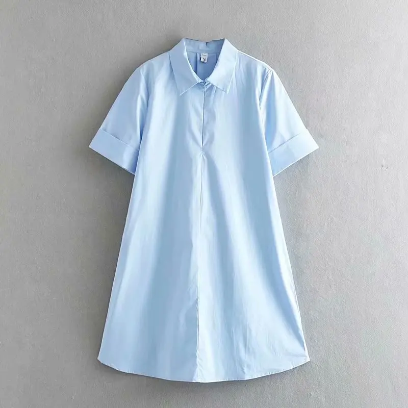 2019 для женщин мода сплошной цвет короткий рукав рубашка платье отложной воротник