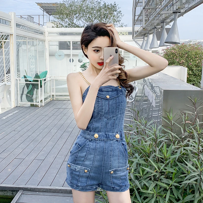 Женский джинсовый комбинезон с поясом Летний в уличном стиле 2019|Комбинезоны c