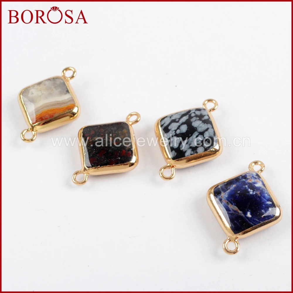BOROSA 20 шт. Золото Цвет Multi-kind камни Ромбический медь разъем Бусины Двойной