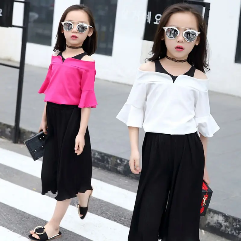 2017 детская одежда девушки летом новый костюм a слово плечо топы + широкие Брюки