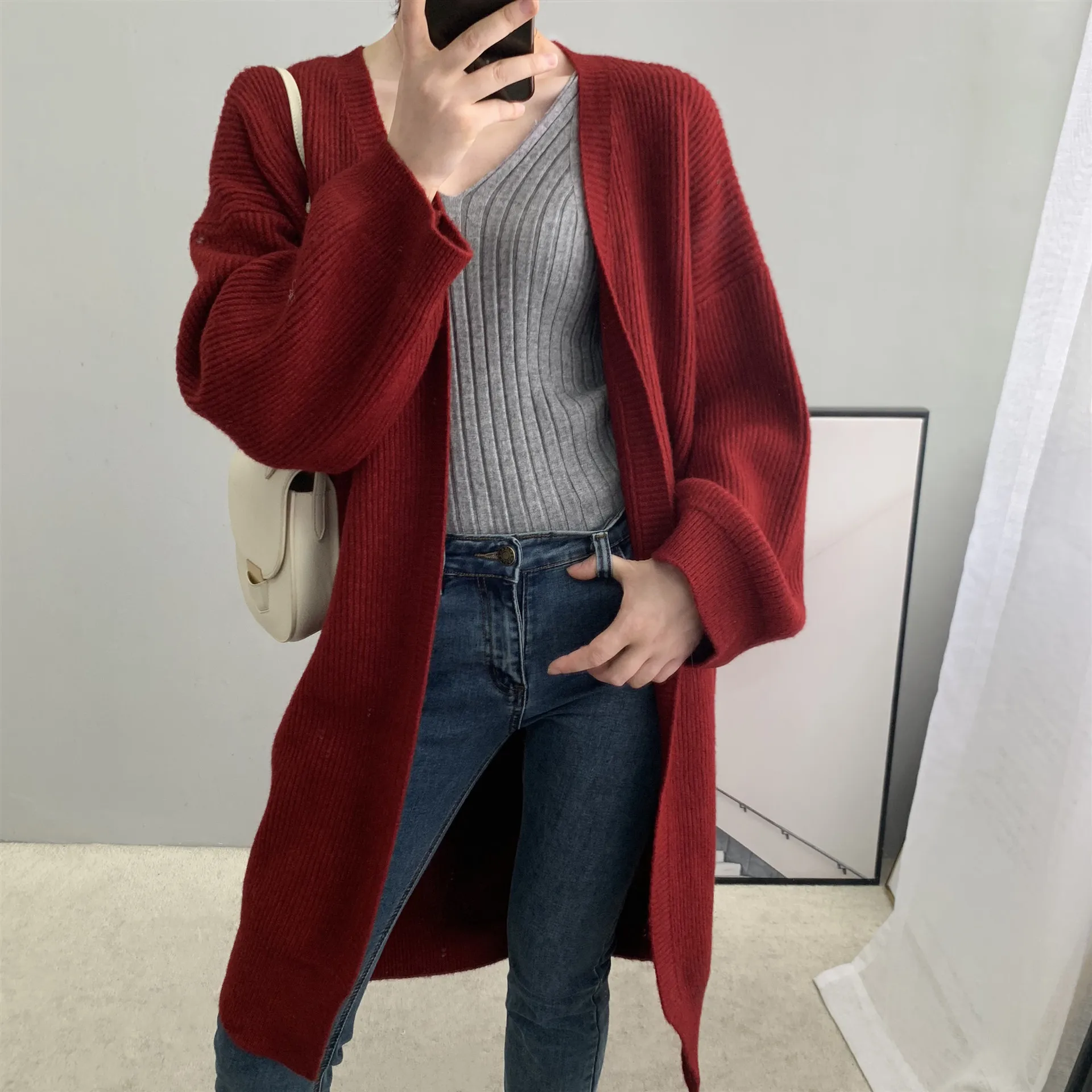 

Winter Autumn Long Knit All-matched Sweater Coat Thin Solid Color Cardigan Coat Elegant Casual For Female