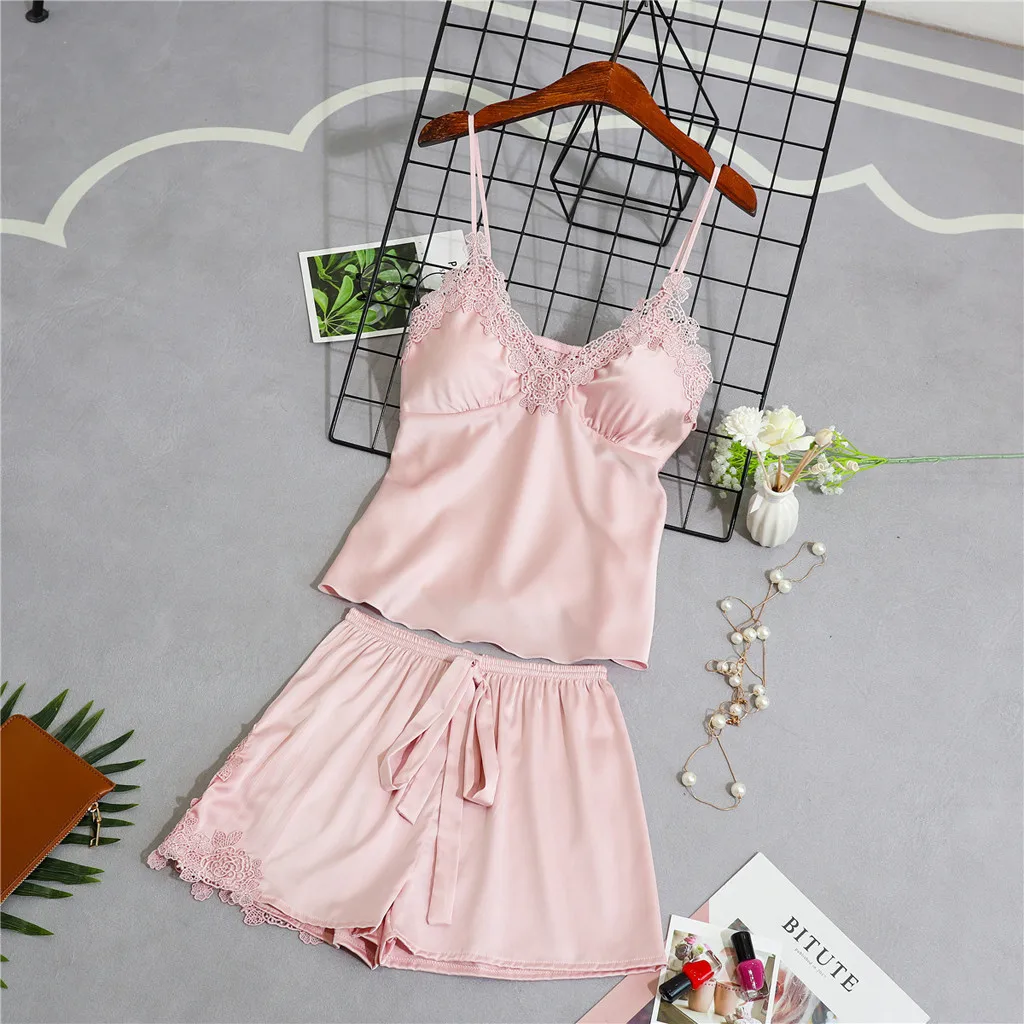

Women's strap lace side pajamas shorts female two-piece Sexy Satin Sling Sleepwear Lingerie Bowknot Nightdress Underwear Set