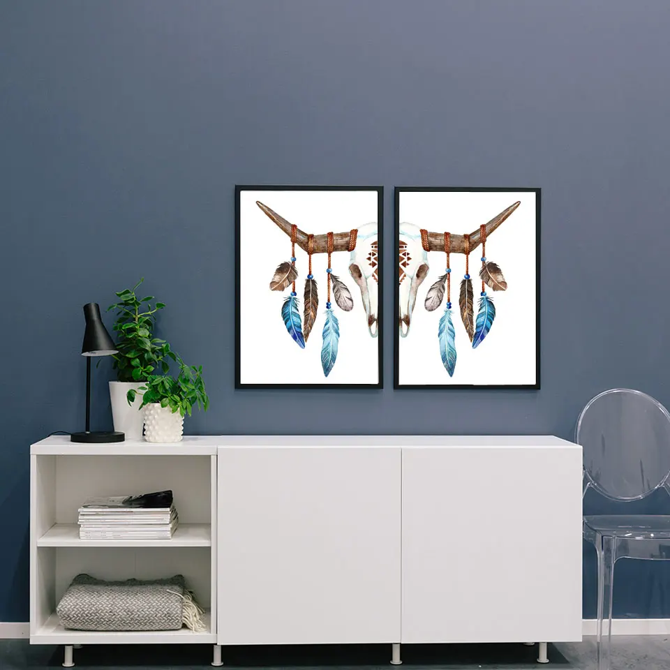 Богемный акварельный олень искусство принты буйвол бык животное череп с перьями