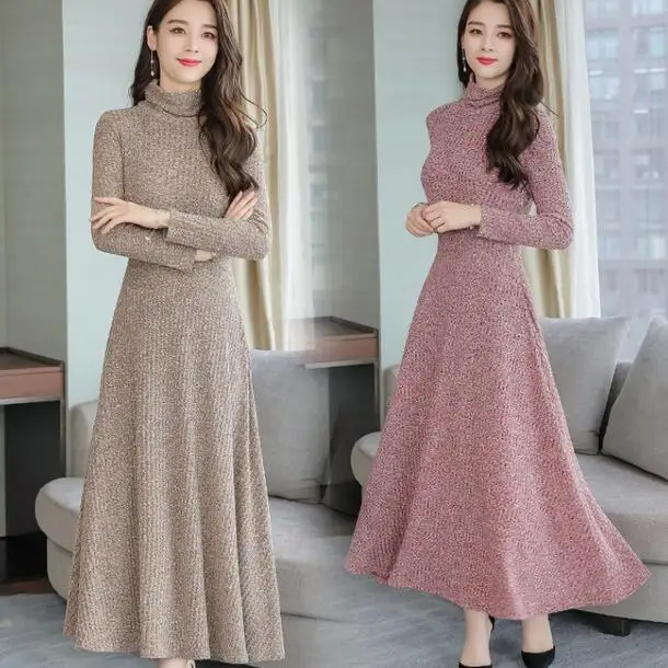 Осеннее женское трикотажное платье с длинным рукавом водолазка 2020 vestidos largos а
