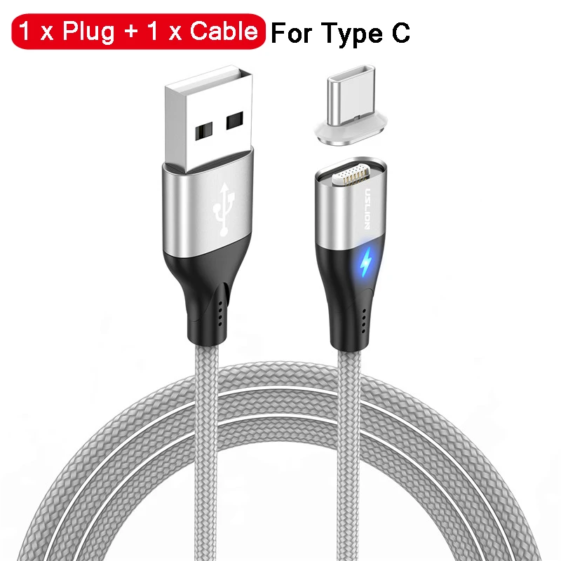 Silver For Type C Магнитный кабель для быстрой зарядки USLION 1 м Micro usb type C для iPhone samsung Xiaomi 3A Micro usb type-C Магнитный кабель для зарядки и передачи данных - Цвет: Silver For Type C