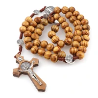 1pieces round saint benedict medal antique wooden rosary necklaces cross pendant for women religious jesus jewelry mother gifts