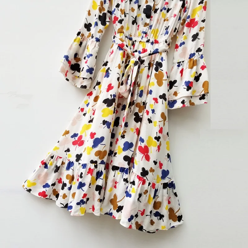 

European Style 2019 Spring Summer Fashion Dress Ladies Turn-down Collar Elegant Floral Print Flare Sleeve A-Line Casual Sundress