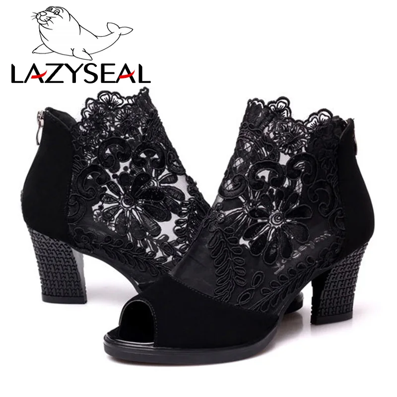 LazySeal/обувь в гладиаторском стиле; женские босоножки; Летние Босоножки с открытым носком; обувь на высоком квадратном каблуке 7 см с закрытой пяткой; летние сапоги из сетчатого материала на молнии - Цвет: Black