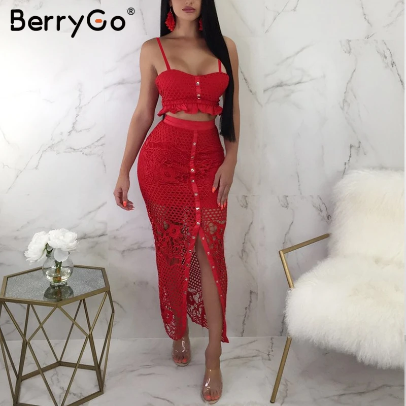 Женское кружевное платье BerryGo ажурное из двух частей на тонких бретельках