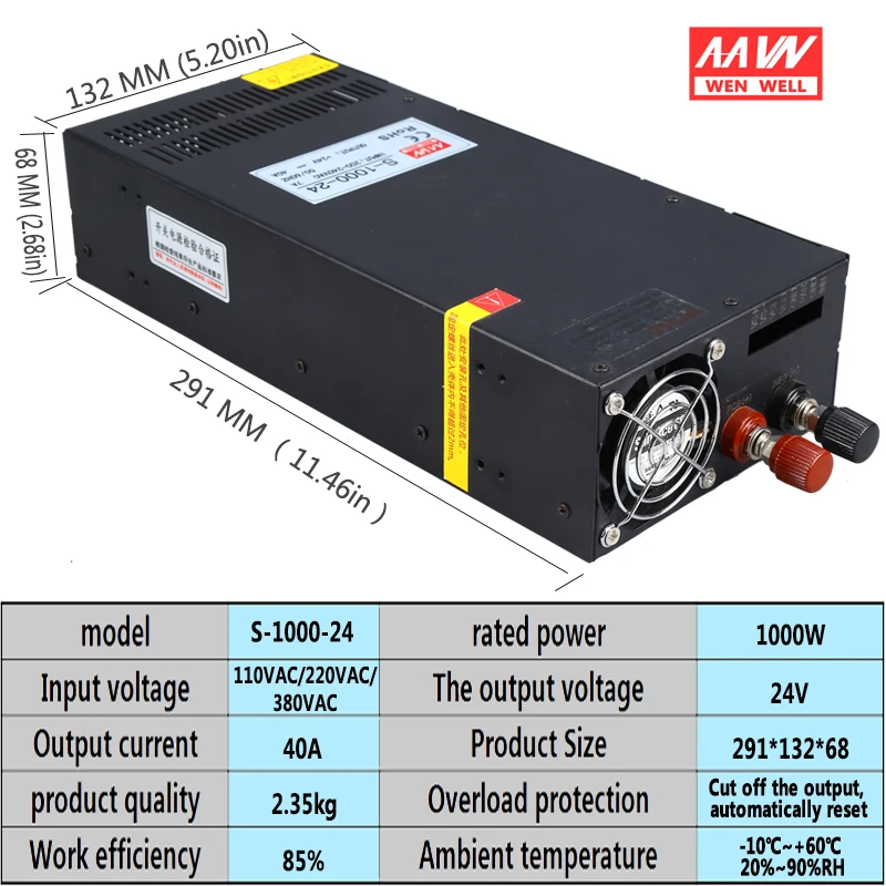 Импульсный источник питания высокой мощности S-1000W-24V40A12V80A36V48V60V1000W DC с