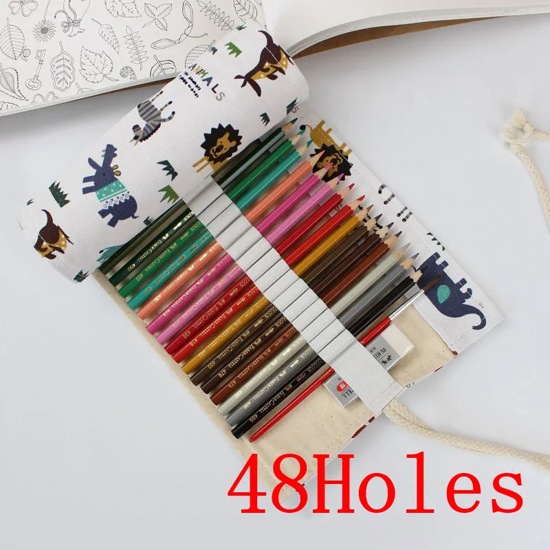 48 Holes Национальный холст кошка школьный Карандаш Чехол 36/48/72 Отверстия Roll Up карандаш сумка Портативный пенал для карандашей школьные принадлежности материал Эсколар - Цвет: 48 Holes