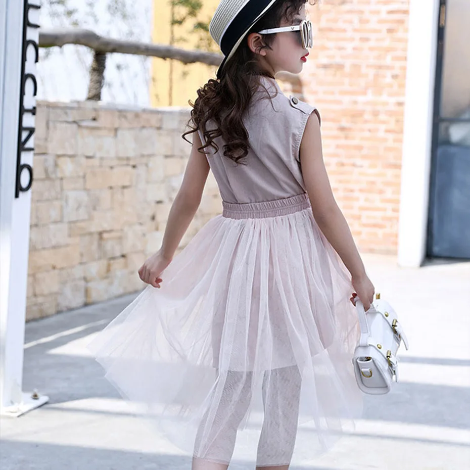 Комплект детской одежды для девочек однотонное платье + сетчатая юбка летняя