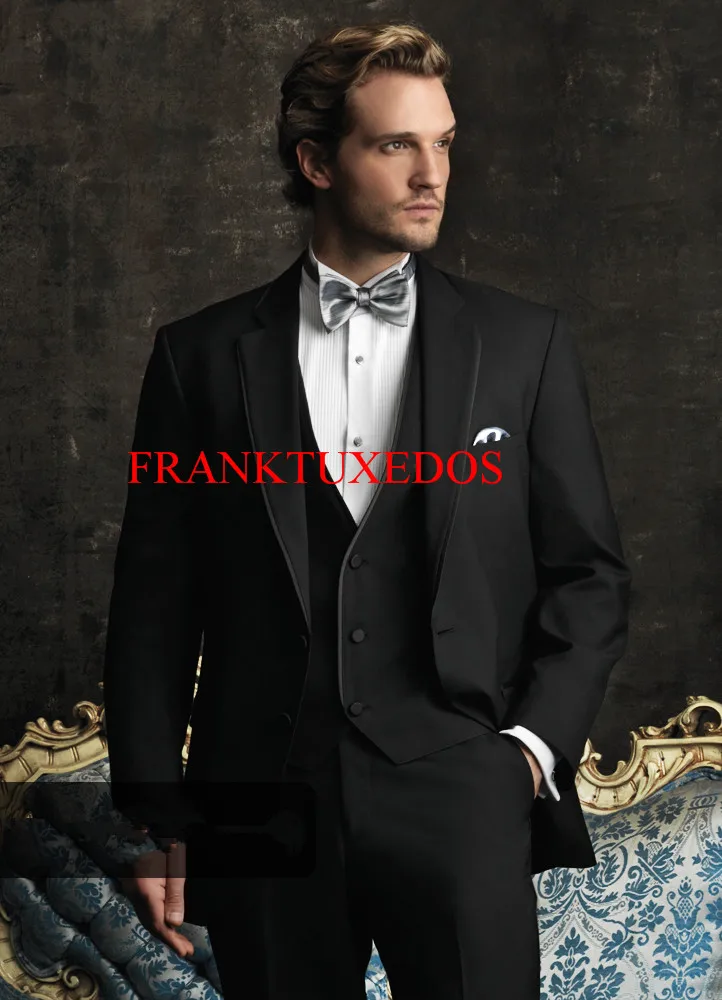 Custom made Black Notch lapel Groom Tuxedos costume homme Best Man Groomsmen Prom Suits Men Wedding Suits(Jacket+Pants+vest+Tie)