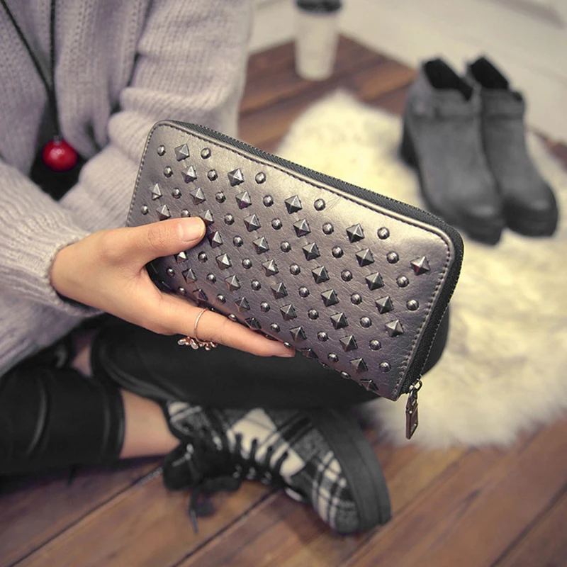 

Women Punk Rivet Leather Bifold Wallet Card Phone Holders Zip Purse Long Handbag