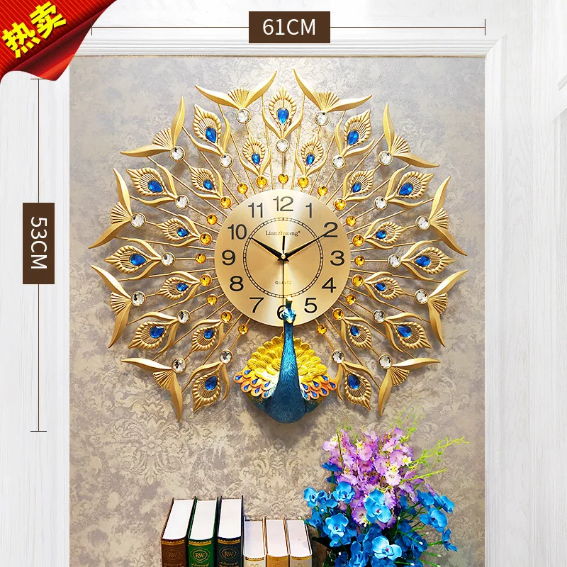 gold 61x53cm Европейский павлин настенные часы Креативный Кристалл Павлин Настенный декор большие настенные часы для гостиной металлические настенные украшения - Цвет: gold 61x53cm