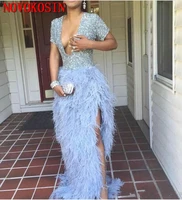 2019 sparkly blue sequin top ostrich feather mermaid prom dress deep v neck split short sleeve formal evening party gown