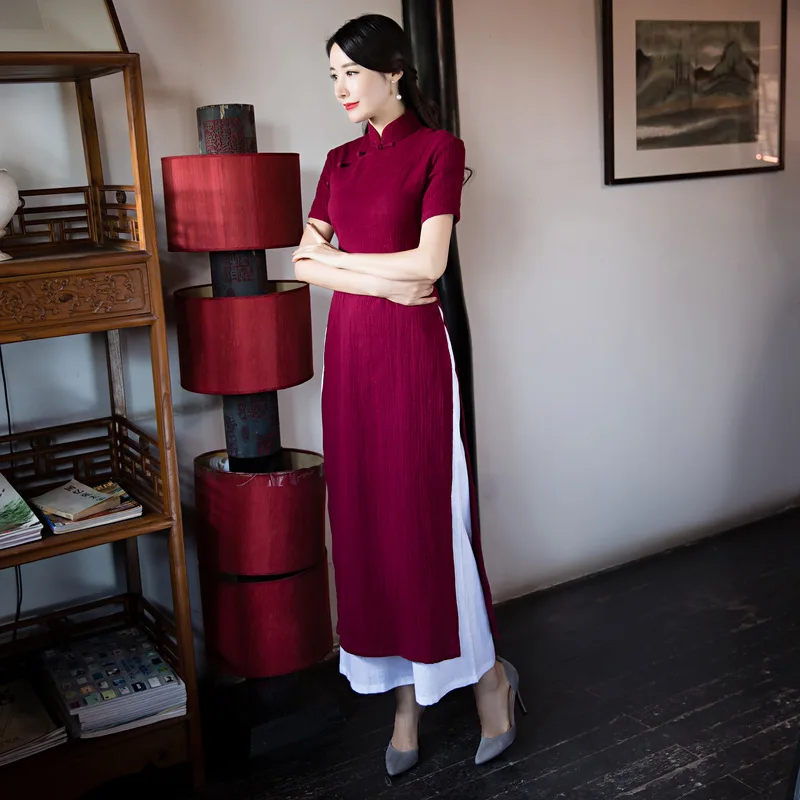 Традиционное платье Ципао Aodai из Вьетнама длинное хлопка и льна в китайском стиле