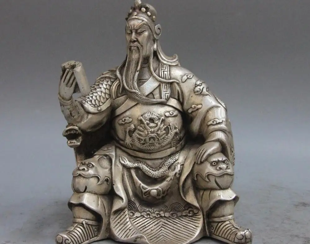

China White Copper Silver Warrior Guan Gong Dragon Guan Yu God Look Book Statue