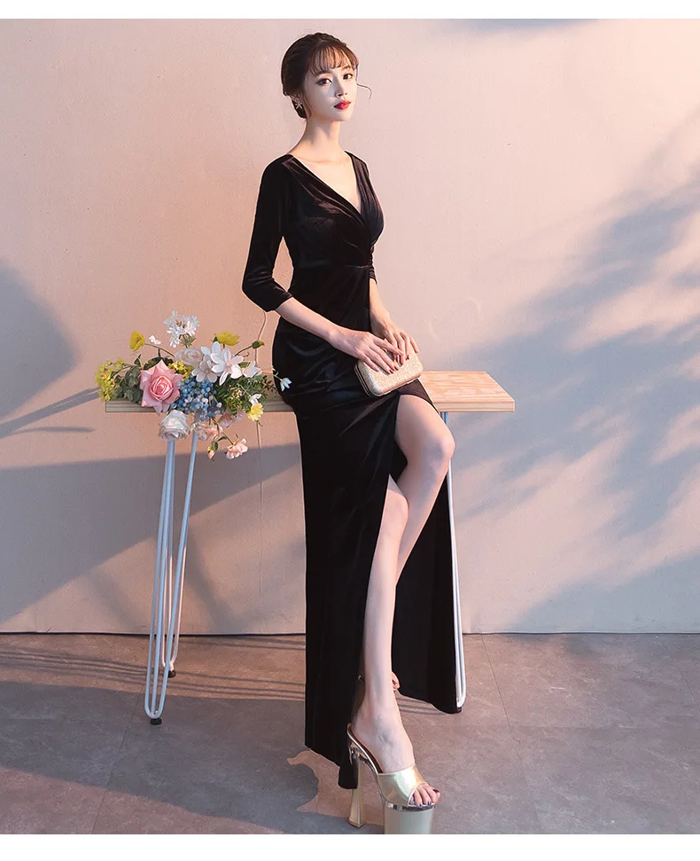 Элегантное бархатное женское платье для рождественской вечеринки Vestidos Verano сексуальное Макси платье вечернее платье Русалка с длинным рукавом