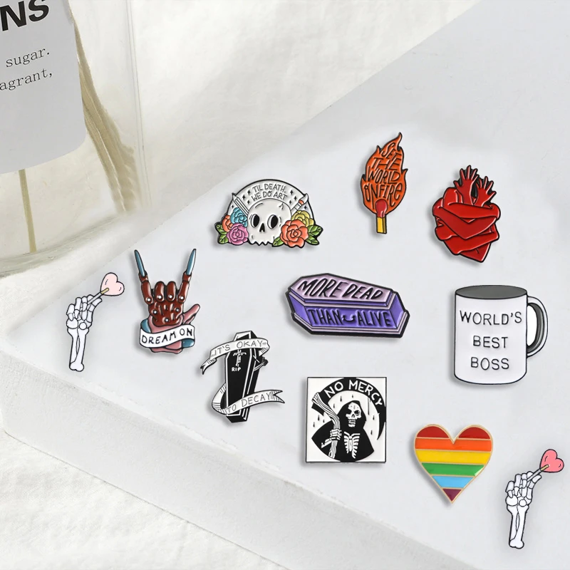 Punk Rock pins grim Reaper Skeleton Heart Love it till die Brooches Badges Bag Enamel pins Gifts For Friends Jewelry wholesale