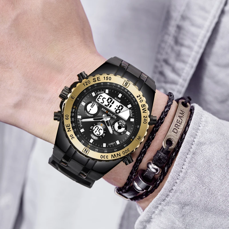 Reloj GOLDENHOUR мужские часы Quarzt цифровые с двойным дисплеем наручные светящиеся Relogio