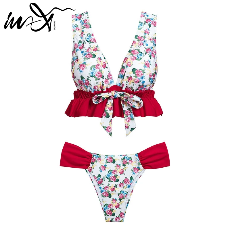 In-X Цветочные женский купальник с рисунком купальники оборками Сексуальные