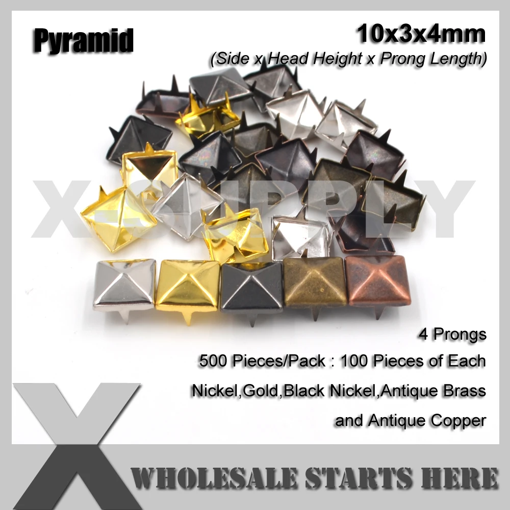 Assorted Colors Punk DIY Metal Square Pyramid Stud 10mm with 4 Prongs for Leather Craft/Bag/Shoe/Clothing/Jacket