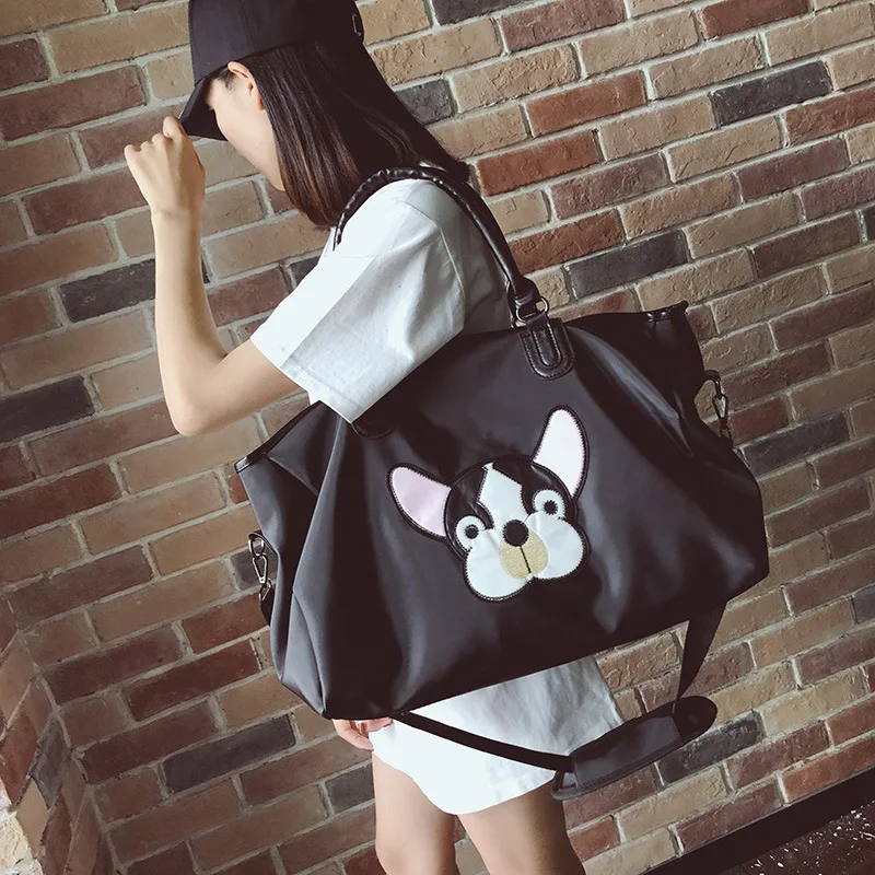Fashion Casual PU Leather Travel Bags Black Couple Cartoon Dog Embroidery Overnight Weekend Bag Short Trip GYM Big Hand Luggage