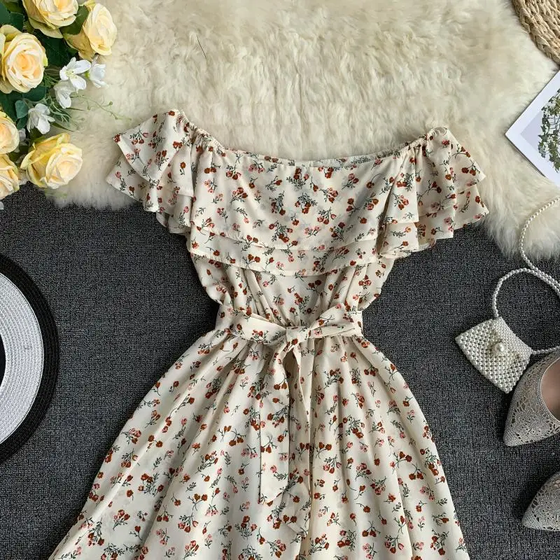 ALPHALMODA, летнее женское пляжное платье с оборками, воротником и поясом, с принтом, с высокой талией, с открытыми плечами, сексуальное женское шифоновое платье