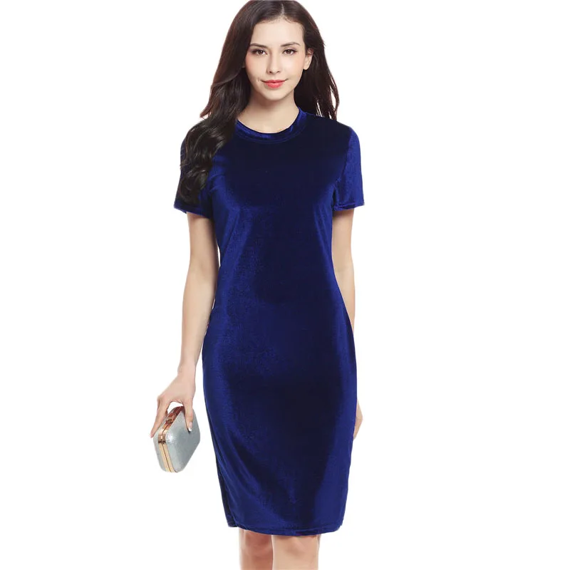 Женское бархатное платье-карандаш с коротким рукавом и круглым вырезом | Женская