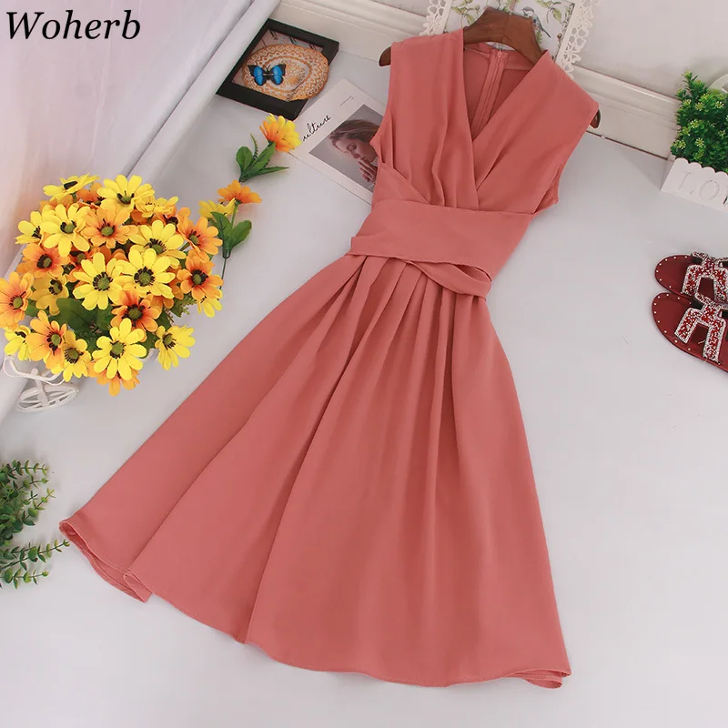 Woherb женское платье средней длины Повседневное на бретелях летние элегантные