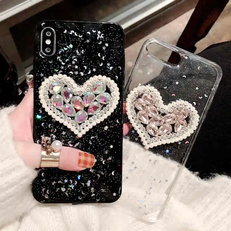 Crystal Rhinestone Heart Phone Case for iPhone XS Max XR X Fashion Designer For iphone 7 8 6s 6 + Bling Star Silicone Soft | Мобильные