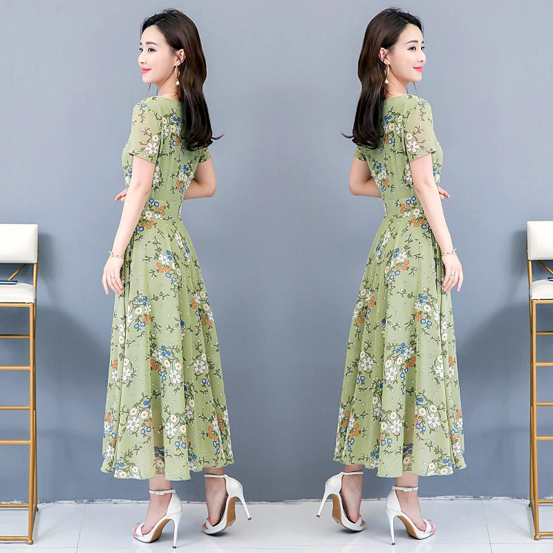Plus size Women Dress 2019 summer Short sleeve Floral Print Vintage Chiffon European Style Slim Waist A Line pleated long Dresse | Женская