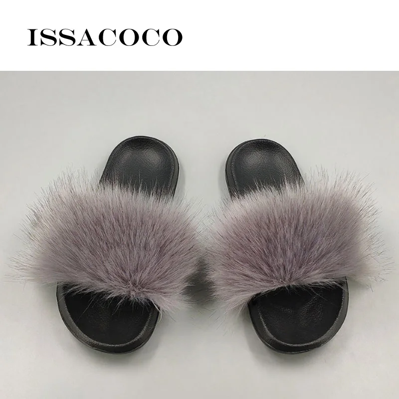 Dark gray ISSACOCO/женские шлепанцы из натурального Лисьего меха; женские нескользящие пушистые меховые тапочки; женские пушистые тапочки; милые плюшевые тапочки с лисьим мехом - Цвет: Dark gray