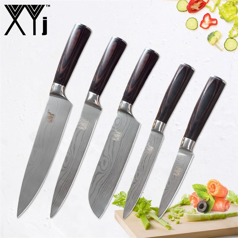 B.(5 Pcs Set) XYj Дамасские жилы из нержавеющей стали кухонный нож набор шеф-повара для нарезки сантоку универсальный фруктовый кухонный нож аксессуары инструменты - Цвет: B.(5 Pcs Set)