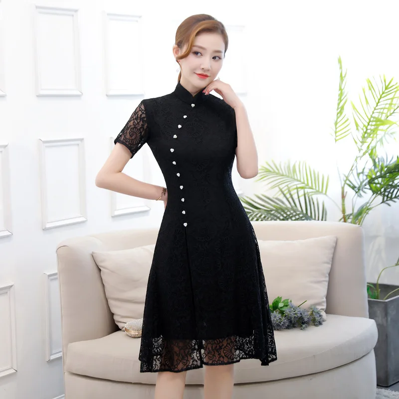Летнее Новое кружевное платье Aodai Cheongsam элегантное женское на пуговицах ручной
